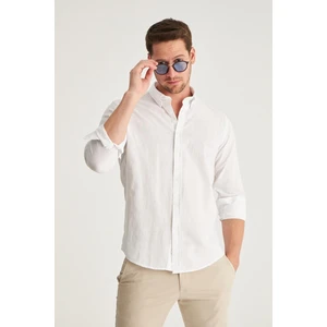 D'S Damat Slim Fit Ekru Düğmeli Yaka %100 Pamuk Yazlık Flamlı Keten Görünümlü Gömlek 6HC02ORT63265