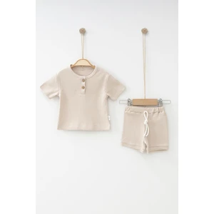 Mother Made Açık Kahve %100 Pamuklu Unisex Bebek Alt Üst 2'li Şortlu Takım