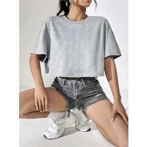 Kadın Crop Baskısız Düz Oversize Salaş T-Shirt
