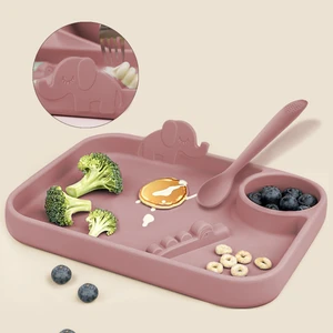 Meleni Baby 2'li Silikon Beslenme Seti ,3 Bölmeli Silikon Beslenme Tabağı-Silikon Diş Kaşıyıcı Özellikli  Kaşık