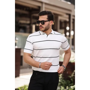 Beyaz Çizgili Triko Polo Yaka Tişört- 2427