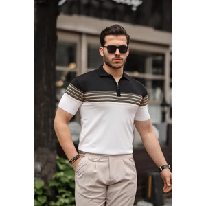 Siyah Beyaz Fermuarlı Triko Polo Yaka T-Shirt- 2419