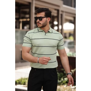 Su Yeşili Çizgili Triko Polo Yaka Tişört- 2427