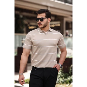 Bej Çizgili Triko Polo Yaka Tişört- 2427