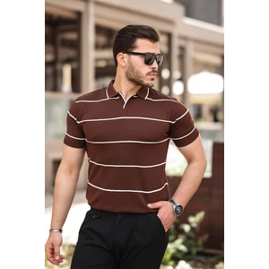 Kahverengi Çizgili Triko Polo Yaka Tişört- 2427