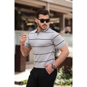 Gri Çizgili Triko Polo Yaka Tişört- 2427