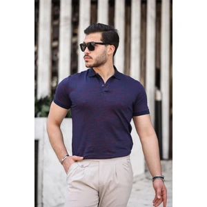 Lacivert Bordo Çizgili Jakar Polo Yaka Kısa Kollu T-Shirt- 2429