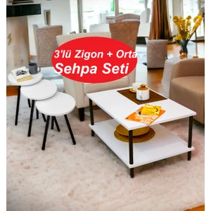 Yüksek Kalite Orta Sehpa 2 Raflı Ahşap Ayaklı Dikdörtgen  Dekoratif Lüks Sehpa + 3’lü Zigon Set