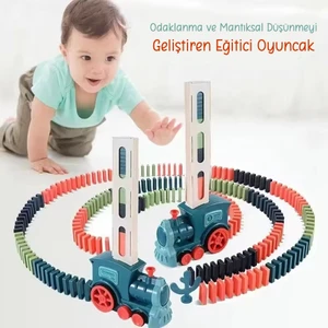 Baby - Işıklı Sesli Domino Tren - Otomatik Domino Dizilimi - Eğitici Oyuncak - Tren, 30 Domino Taşı ve Kaktüs - Mavi