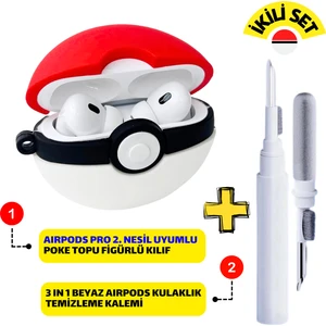 Pro 2. Nesil Uyumlu Poke Topu Kulaklık Kılıfı ve Beyaz 3'ü 1 Arada Kulaklık Temizleme Kalemi
