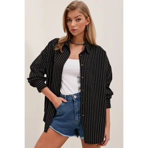 Kadın Siyah Beyaz Çizgili Oversize Uzun Basic Gömlek 3900