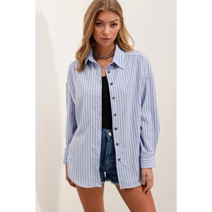 Kadın Bebe Mavi Siyah Çizgili Oversize Uzun Basic Gömlek 3900