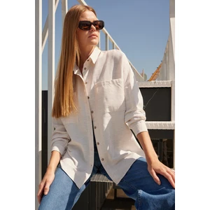 20126 Oversize Keten Gömlek - Beyaz