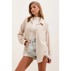 20153 Tek Cepli Oversize Keten Gömlek - Krem