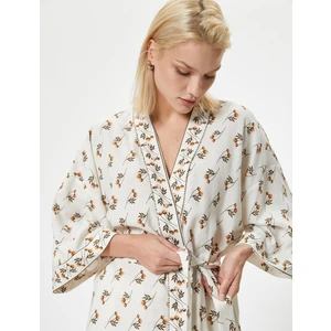 Çiçekli Kimono Keten Karışımlı Kalça Boy Kemerli Boncuk Işleme Detaylı