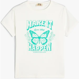 T-Shirt Kelebek Baskılı Kısa Kollu Bisiklet Yaka Pamuklu