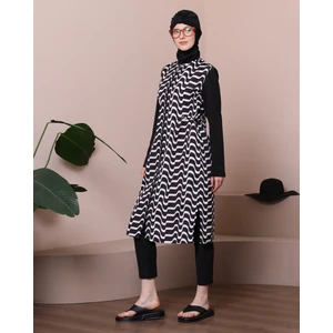 Kadın Uzun Desenli Fermuarlı Plaj Tam Kapalı Tesettür Mayo 3'lu Set