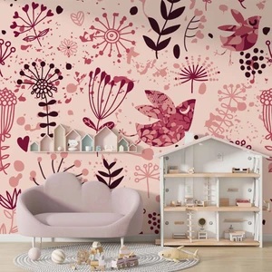 Duvar Kağıdı Baskı Kuş ve Çiçek Desenli Çocuk Odası Duvar Kağıdı Baskı