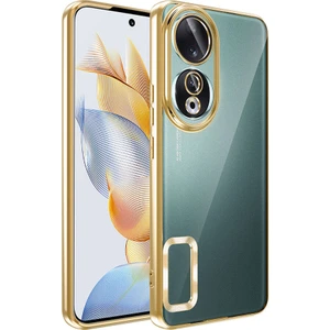Caseworld Huawei Honor 90 Kapak Yanları Renkli Lens Korumalı Logo Gösteren Şeffaf Luxury Silikon Kılıf - Gold
