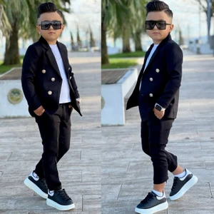 4 Parça 6 Düğmeli Ceketli Erkek Çocuk Takım Elbise - Beyaz Tshırt