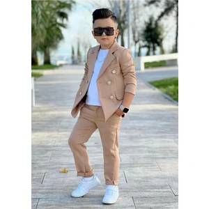 4 Parça 6 Düğmeli Ceketli Erkek Çocuk Takım Elbise - Beyaz Tshırt