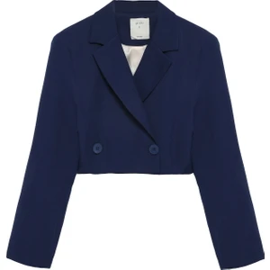 Kruvaze Crop Blazer Ceket Lacivert