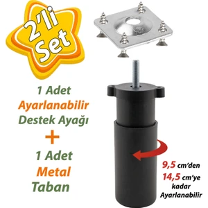 Destek Ayağı 9,5-14,5 cm Siyah ve Metal Düz Ayak Tabanı M8 Civatalı Ince Diş Mobilya Kanepe Baza Koltuk Seti