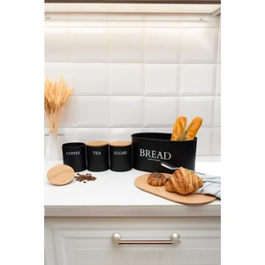 Ahşap Kapaklı Metal Ekmeklik, Çay, Kahve, Şeker 4'lü Set