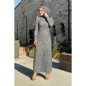 Bym Fashion Dal Desenli Simli Tül Büyük Beden Abiye Elbise 1140-1 Gri
