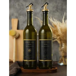 Büyülü Home Ahşap Stantlı Amber Siyah Gold 2'li 750 ml Zeytinyağı Sıvıyağ Şişesi
