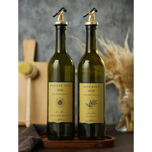 Büyülü Home Ahşap Stantlı Amber Gold 2'li 750 ml Zeytinyağı Sıvıyağ Şişesi
