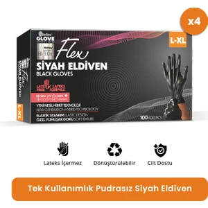 Flex Eldiven Tek Kullanımlık Pudrasız Siyah L - XL Beden Eldiven 4 x 100'lü