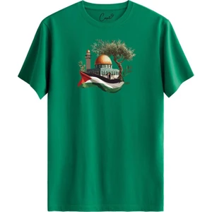 %100 Pamuklu Filistin Kudüs Baskılı Siyah Kısa Kollu T-Shirt