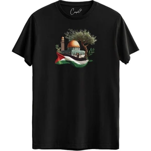 %100 Pamuklu Filistin Kudüs Baskılı Siyah Kısa Kollu T-Shirt