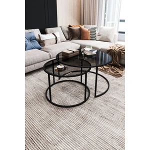 Tokyo İkili Yuvarlak Orta Sehpa Seti – Siyah Metal Ayaklı, Temperli Füme Cam, 60x60x45 cm ve 42x42x40 cm