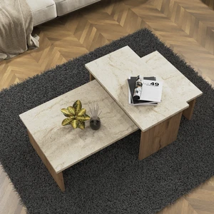 Cool Home Vera 2 ' li Orta Sehpa , Servis Sehpası Sepet - Traverten (Mermer Desen)