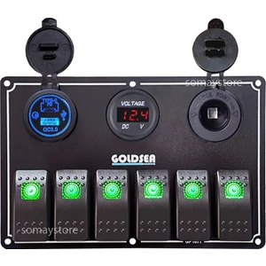 Switch Panel 6 Anahtarlı Usb Type-C + Voltmetre + Şarj Soketli 12-24V 120X180mm Yeşil Işık