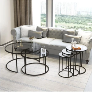 Tokyo Ikili Orta Sehpa 60 cm & Alya Üçlü Zigon Sehpa Takımı Metal Füme Camlı