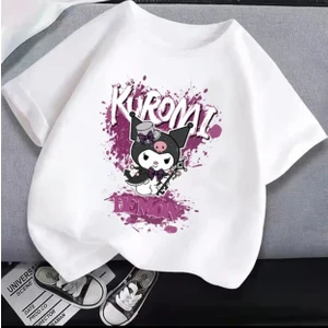 Kids Face Özel Tasarım Şapkalı Kuromi Baskılı %100 Pamuk Oversize Bisiklet Yaka Kız Çocuk T-Shırt