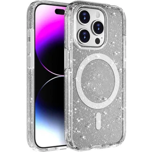 Apple Iphone 15 Pro Max Kılıf Magsafeli Şeffaf Simli Parlak Allstar Silikon