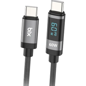 BX06CC Type-C To Type-C 60W Örgülü LED Dijital Ekranlı Şarj ve Data Kablosu 1 Metre