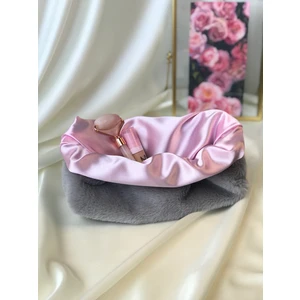 Gri Peluş Toz Pembe Saten Makyaj ve Bakım Çantası