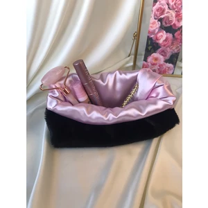 Peluş Kadın Makyaj ve Bakım Çantası Siyah Peluş Toz Pembe Saten