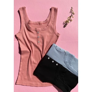 Lillesol Fitilli 3’lü Düğme Detaylı Kalın Askı Siyah, Mavi ve Gül Kurusu Renk Kadın Atlet 64A63