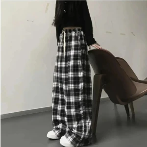 Harajuku Kare Ekose Desenli Siyah Unisex Rahat Kesim Pijama Eşofman Altı