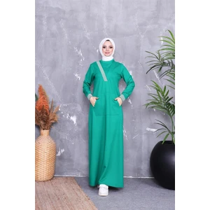 V Yaka Şerit Desenli Cepli Uzun Tesettür Elbise - 71188.111 - Benetton Yeşil