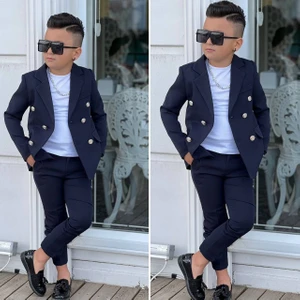 4 Parça 6 Düğmeli Ceketli Erkek Çocuk Takım Elbise - Beyaz Tshırt