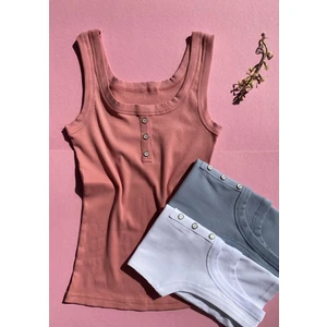 Lillesol Fitilli 3’lü Düğme Detaylı Kalın Askı Siyah, Beyaz ve Gül Kurusu Renk Kadın Atlet 64A63