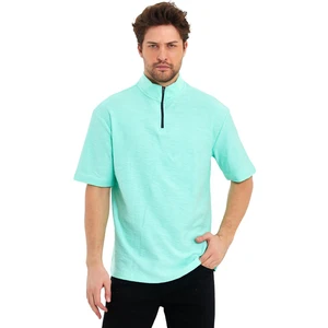 Jakarlı Fermuarlı Hakim Yaka Kısa Kol Oversize Erkek T-Shirt
