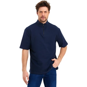 Jakarlı Fermuarlı Hakim Yaka Kısa Kol Oversize Erkek T-Shirt